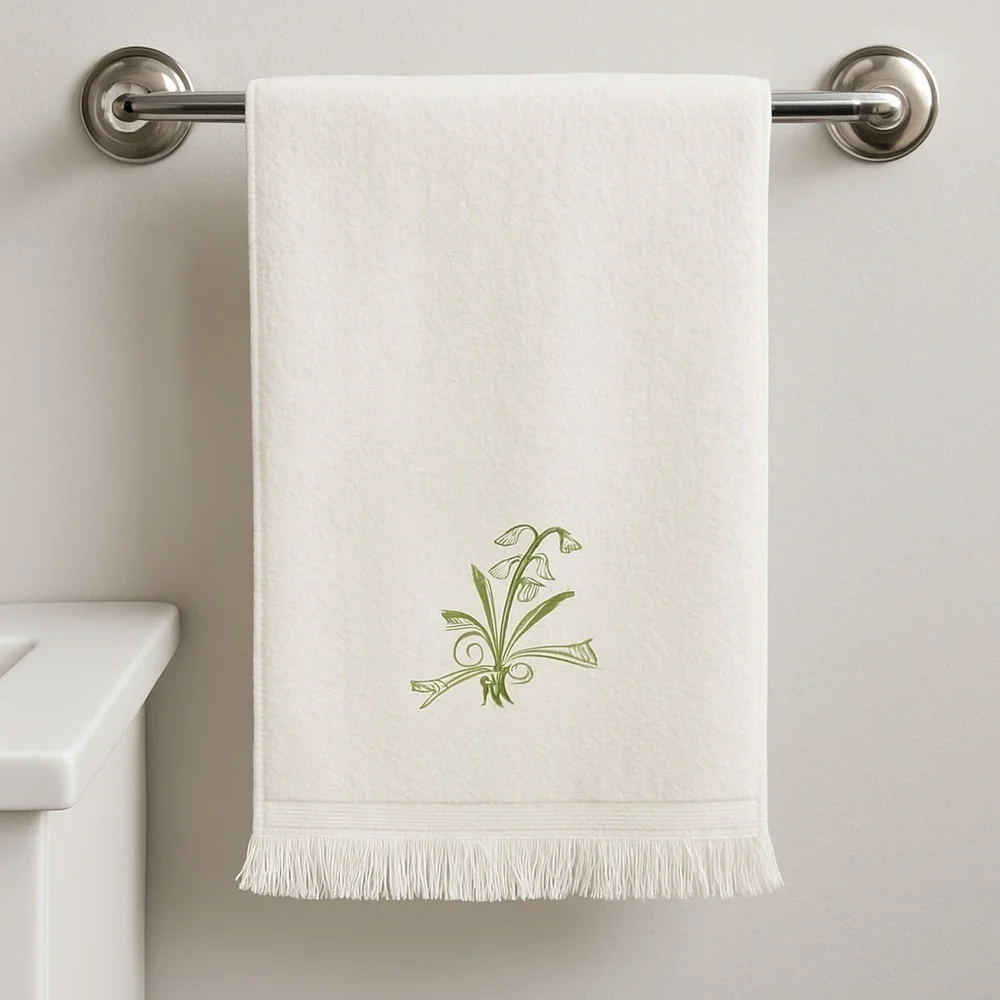 White Hand Towel With Embroidered Lily Of The Valley